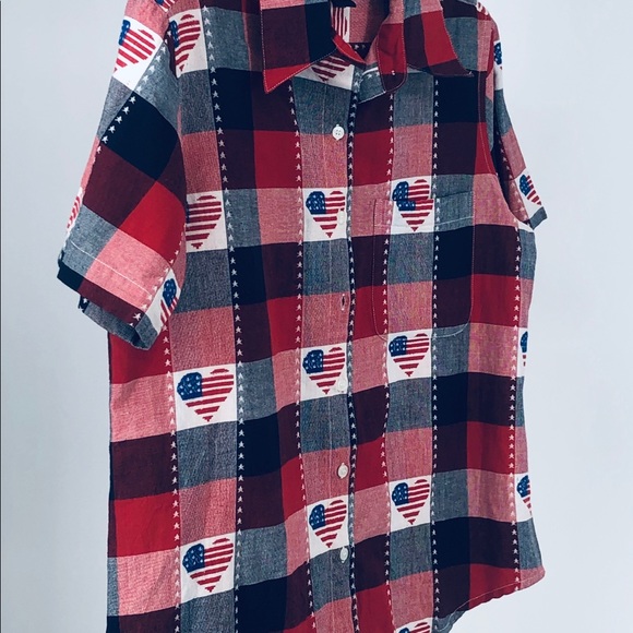 Womens Shirt Short Sleeve Button Red White Blue sz Medium - Picture 3 of 9